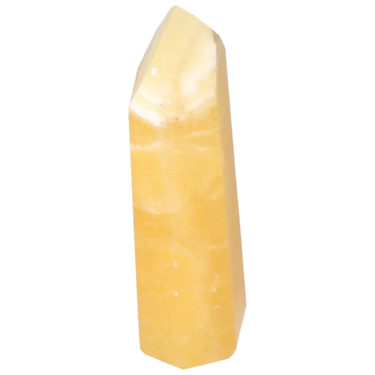 Mexican Calcite Obelisk from Sylvia Crystals, enhances self-confidence and motivation with vibrant energy flow.
