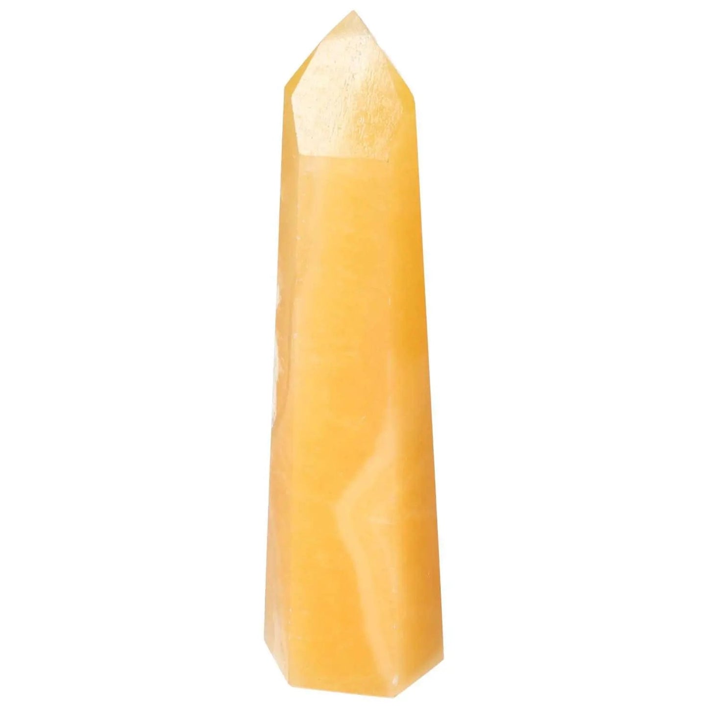 Mexican Calcite Obelisk from Sylvia Crystals, enhancing self-confidence and goal achievement with exquisite craftsmanship.