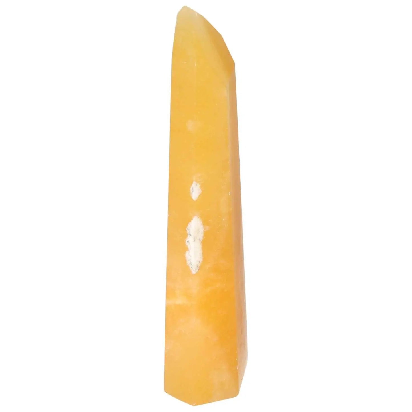 Mexican Calcite Obelisk for self-confidence and goal achievement by Sylvia Crystals, showcasing superior quality craftsmanship.