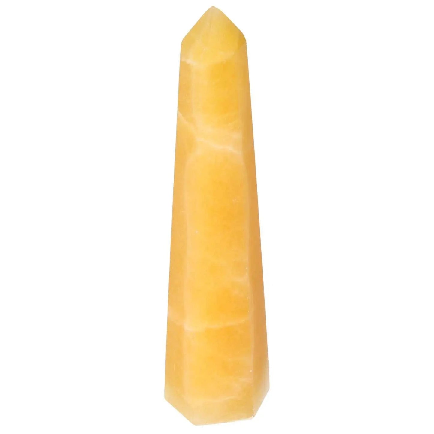 Mexican Calcite Obelisk by Sylvia Crystals, artisan-crafted spiritual tool for enhancing self-confidence and goal achievement.