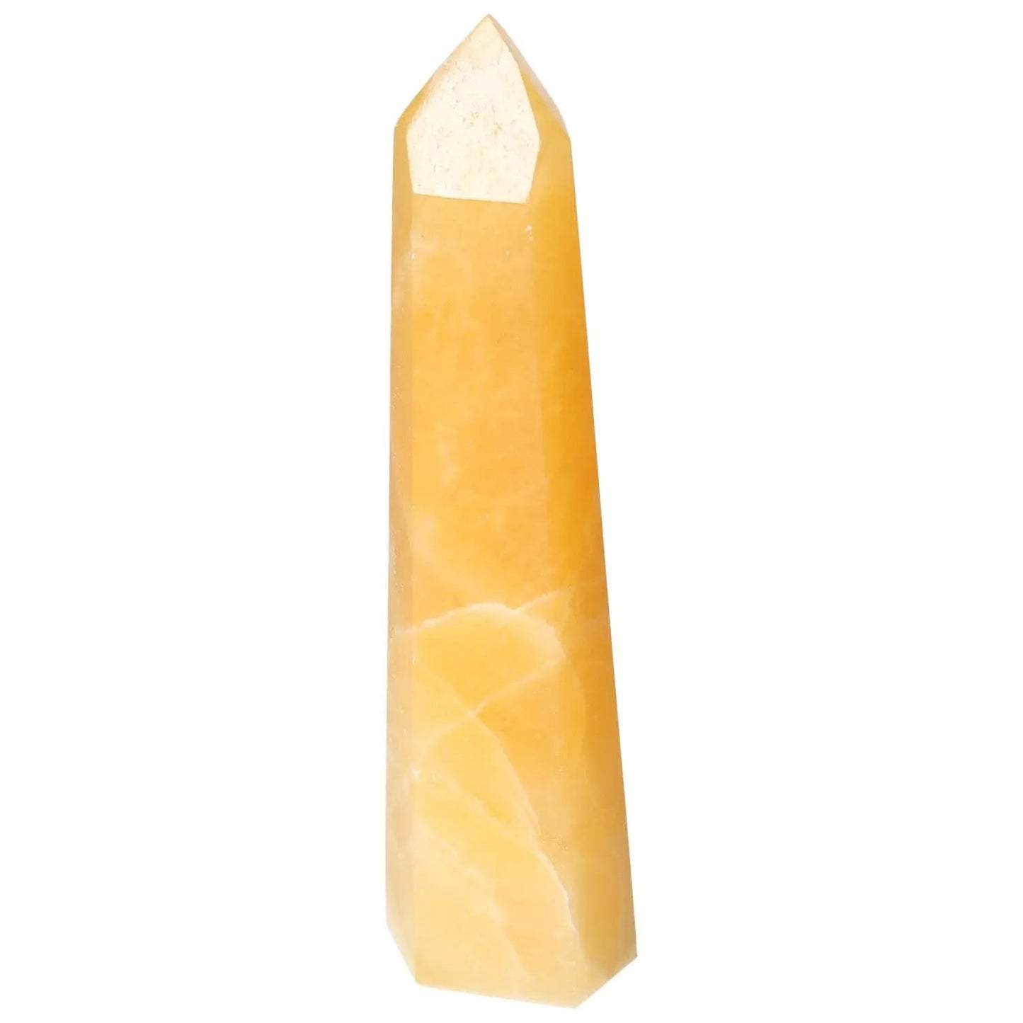 Mexican Calcite Obelisk by Sylvia Crystals, enhancing decor and boosting confidence, premium handpicked piece, vibrant yellow hue.