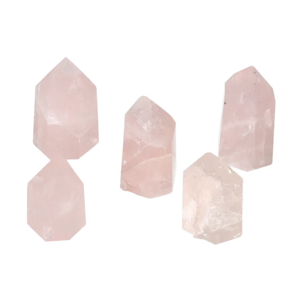 Polished Rose Quartz Obelisks from Sylvia Crystals, embodying healing, love, and compassion with premium handpicked quality.