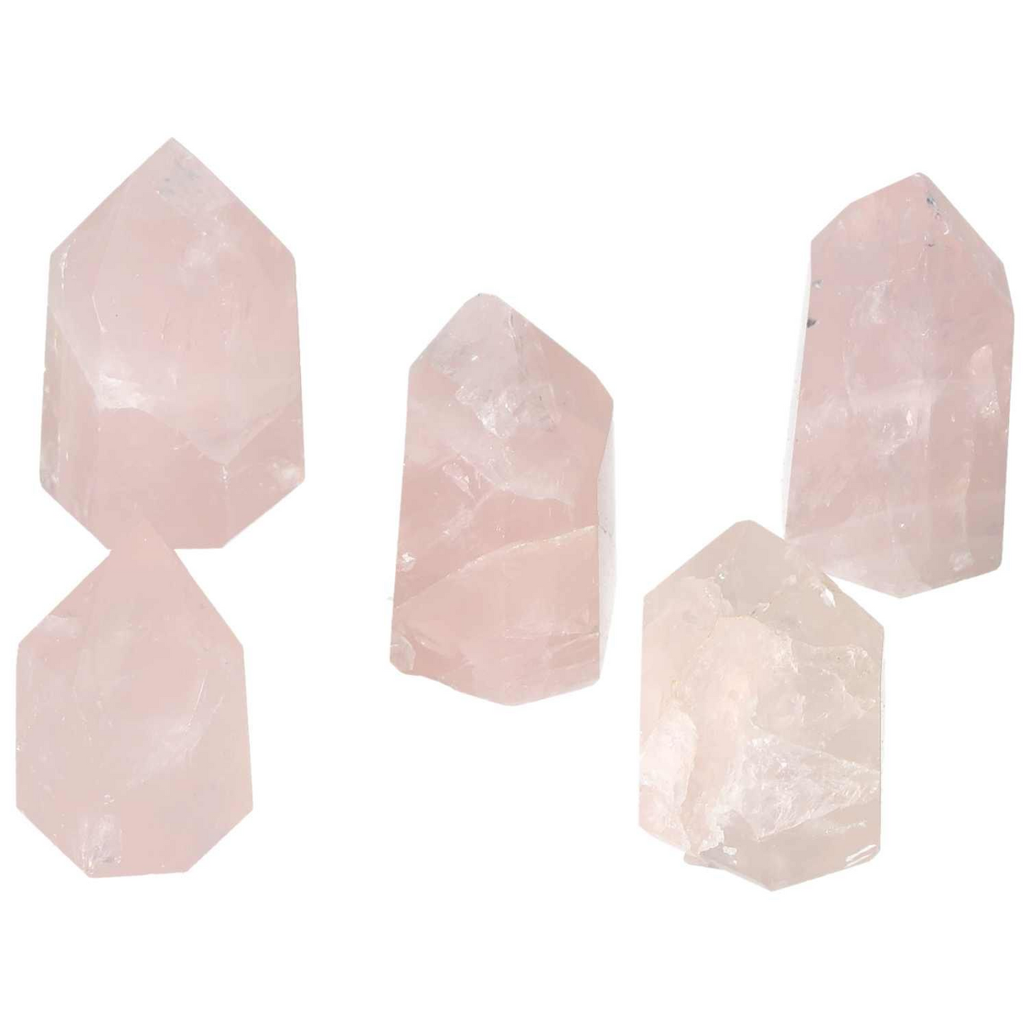 Set of polished rose quartz obelisks from Sylvia Crystals, known for enhancing love, compassion, and emotional healing energy.