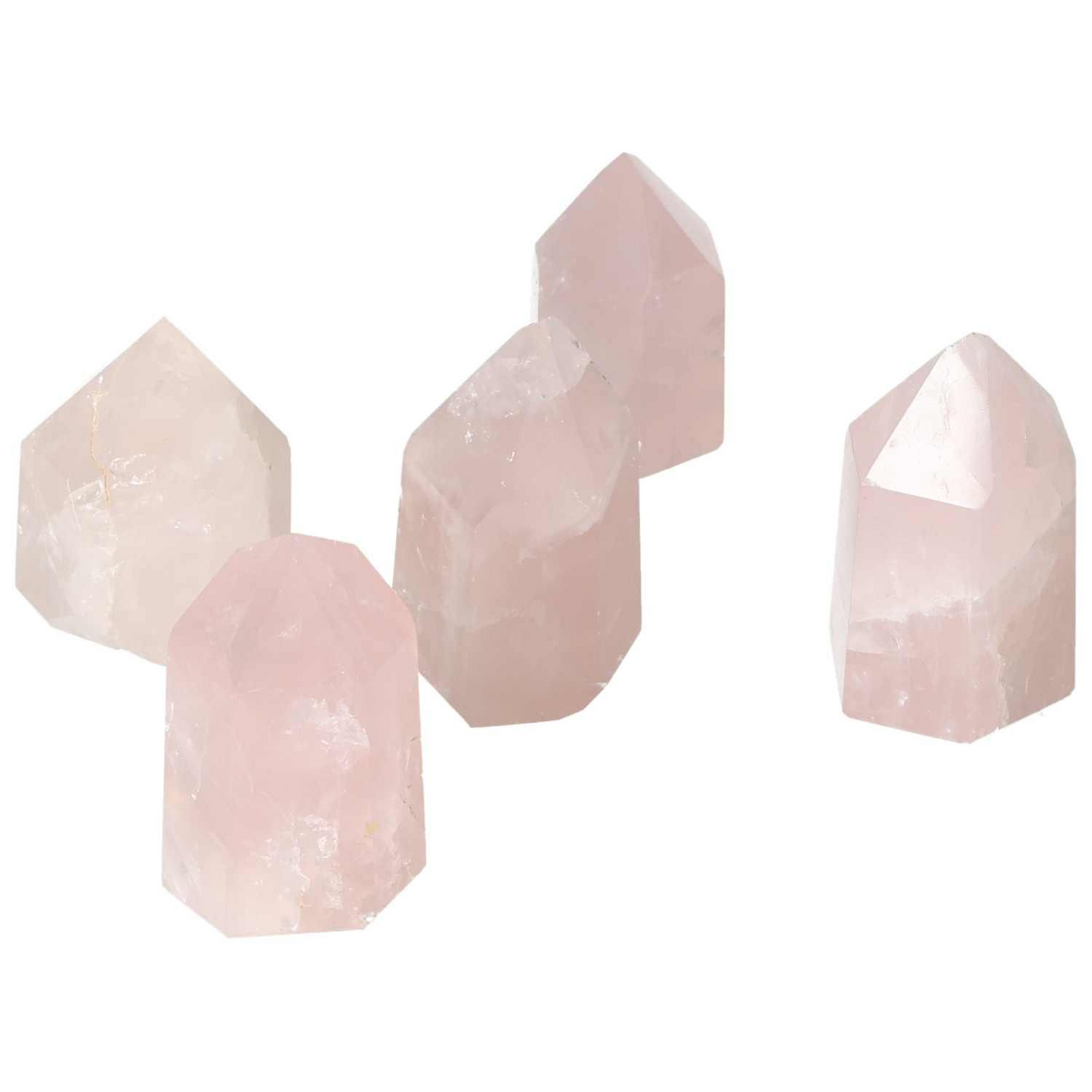 Polished rose quartz obelisks from Sylvia Crystals, known for nurturing emotional healing and enhancing love and compassion.