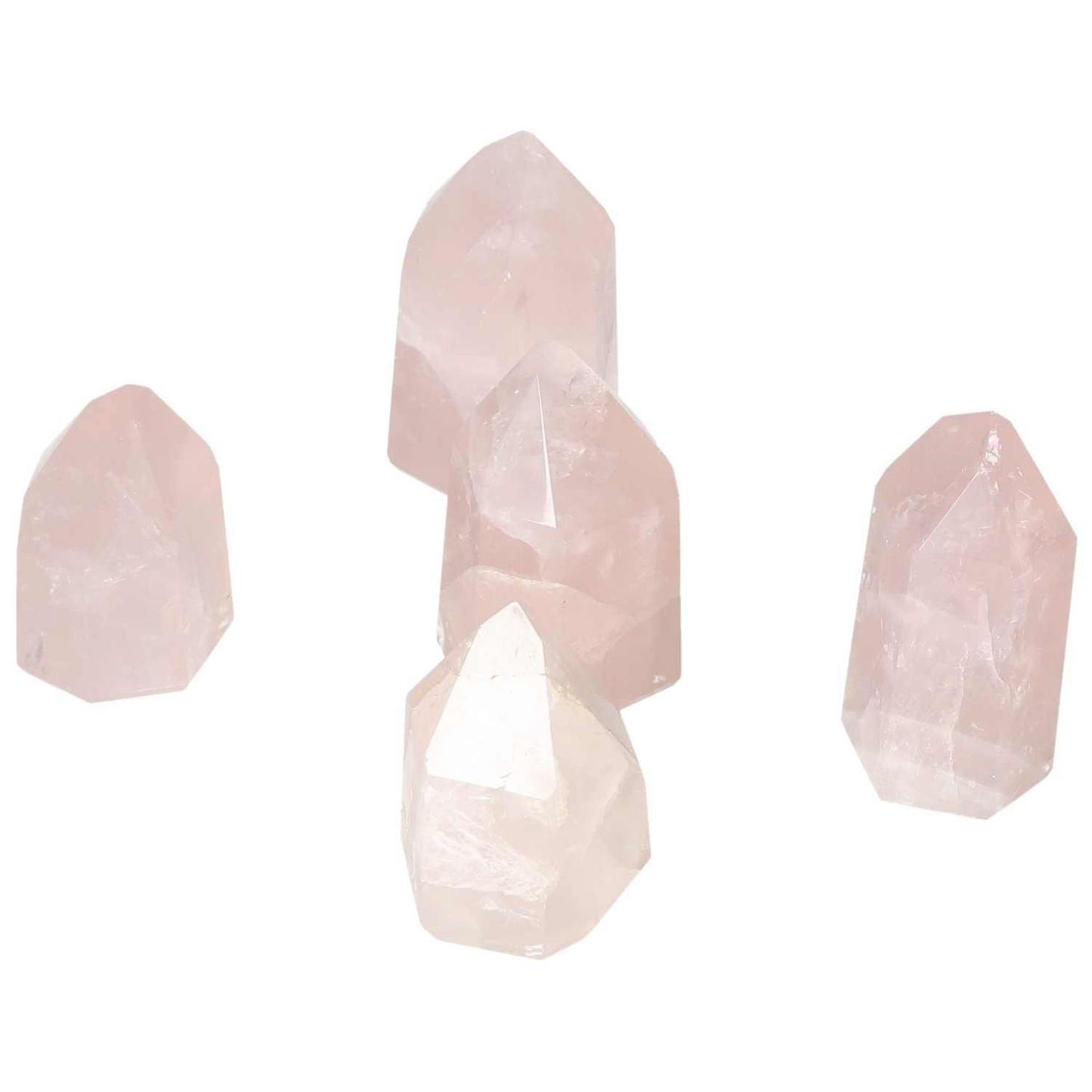 Polished Rose Quartz Obelisk S stones from Sylvia Crystals showcasing gentle pink hues for emotional healing and love enhancement.