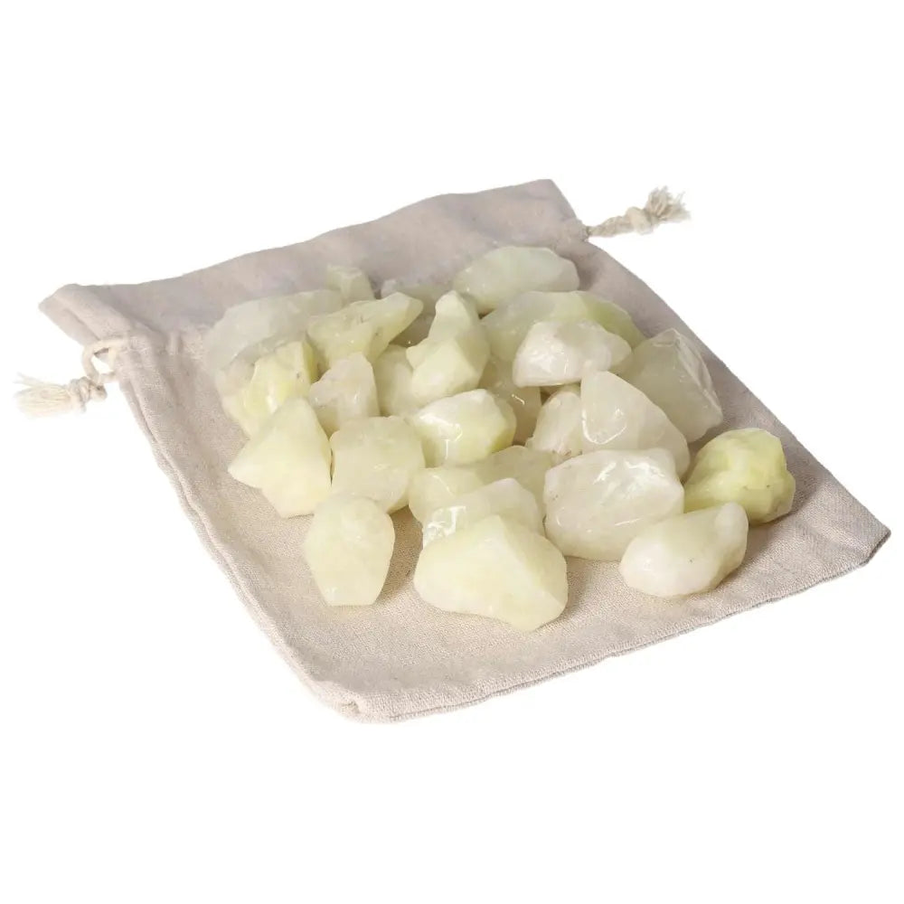 Tumbled sulphur stones in a drawstring pouch, part of the Sylvia Crystals collection, showcasing vibrant yellow hues.