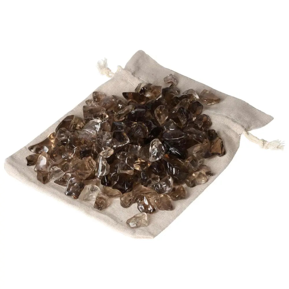 Bag of tumbled smoky quartz stones for grounding and decision-making, ideal for practical thinkers and businessmen.