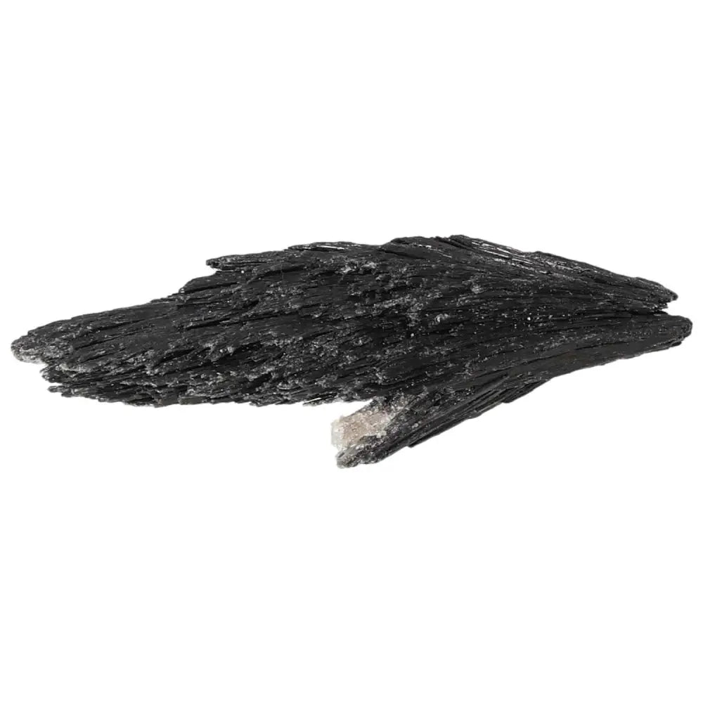 Black Kyanite crystal by Sylvia Crystals, ideal for meditation and conflict resolution, displayed on a white background.