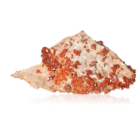 Vanadinite crystal with vibrant red-orange hues, perfect for enhancing focus and creativity, ideal for collectors and creatives.