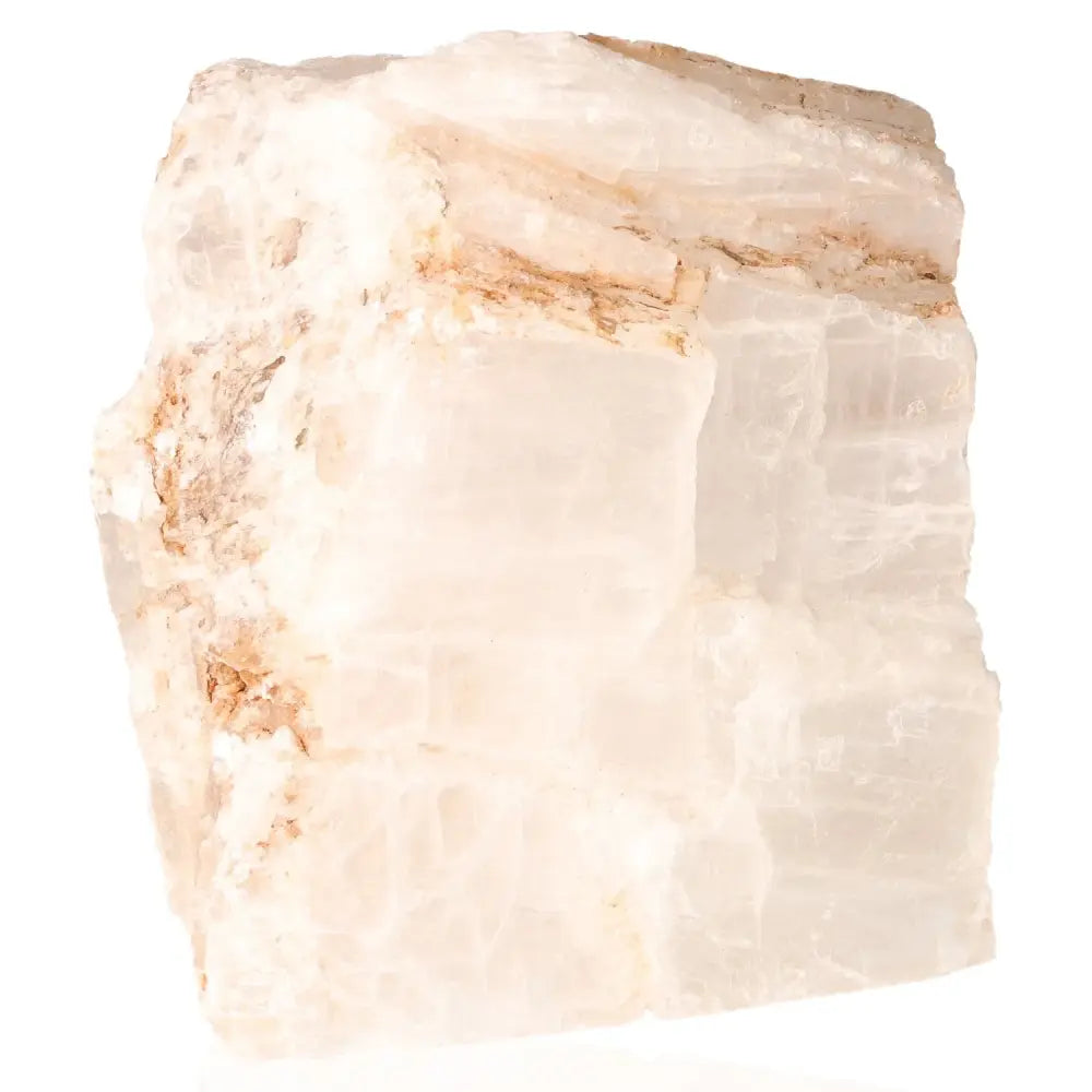 Close-up of a natural selenite crystal lamp, showcasing its translucent, serene white structure ideal for calming home decor.