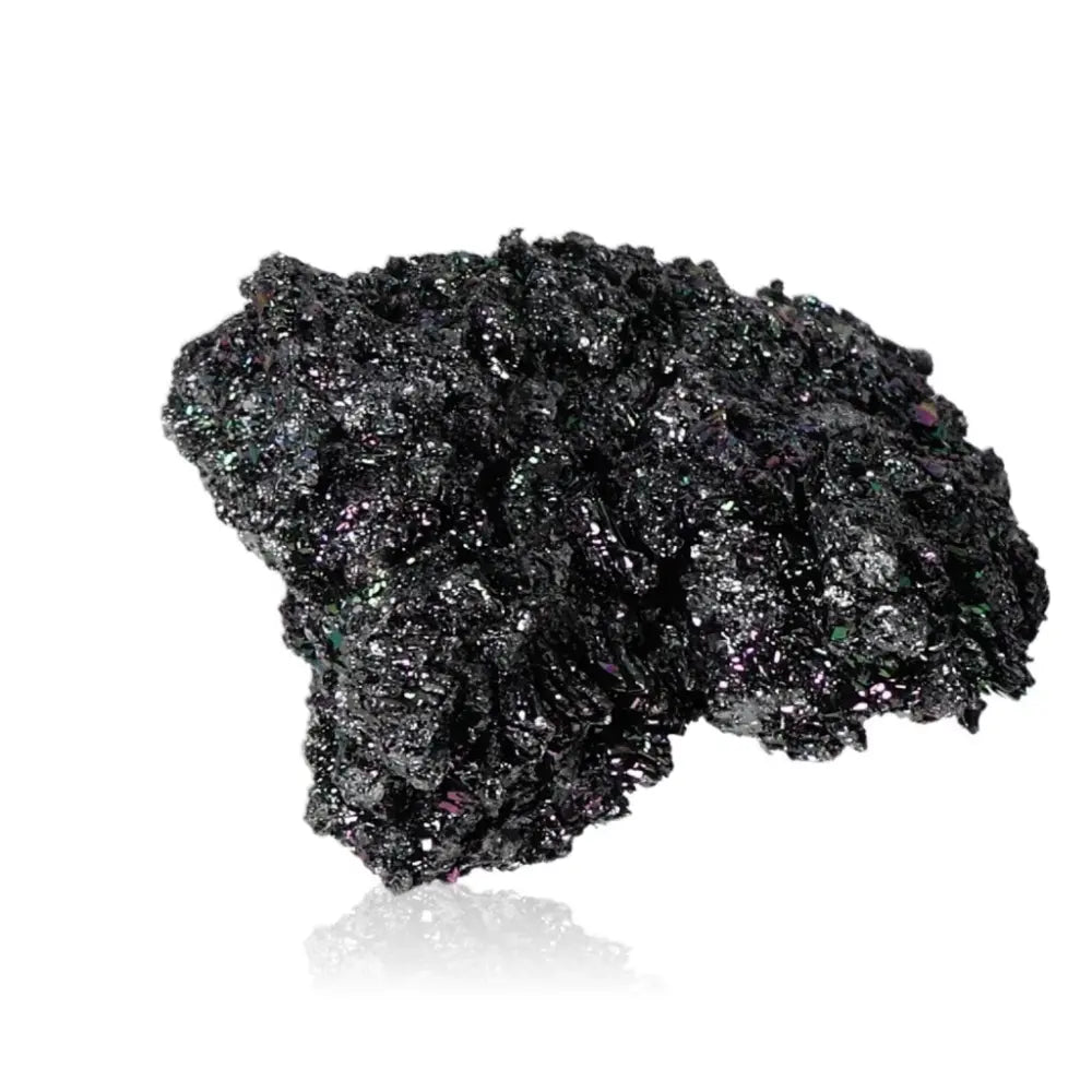 Carborundite crystal displaying iridescent shades of blue, purple, and green with a metallic sheen, known for mental clarity and protection.