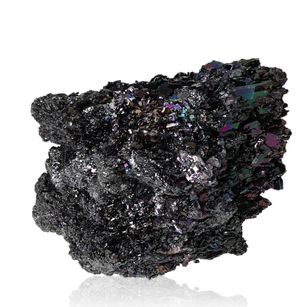 Sparkling Carborundite crystal with iridescent hues of blue, purple, and green, showcasing metallic sheen and textured surface