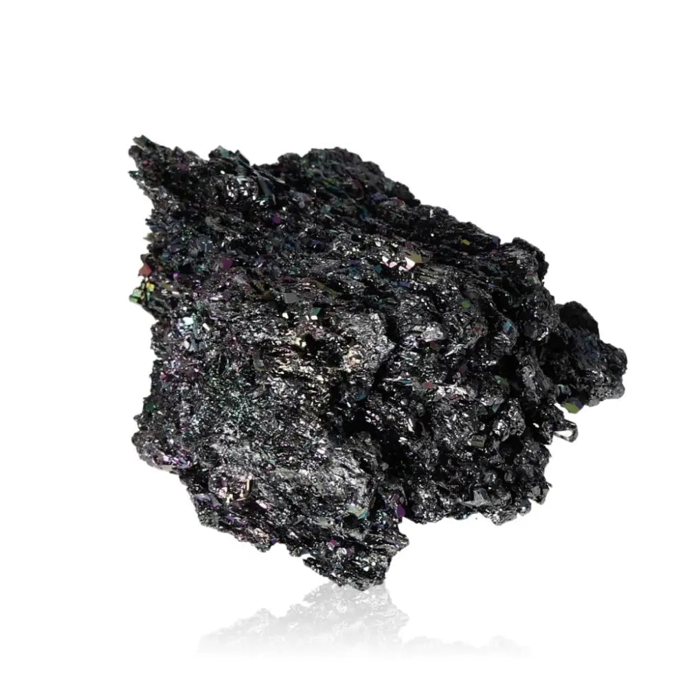 Carborundite crystal displaying iridescent shades of blue, purple, green, and silver, known for its metallic sheen and spiritual properties.