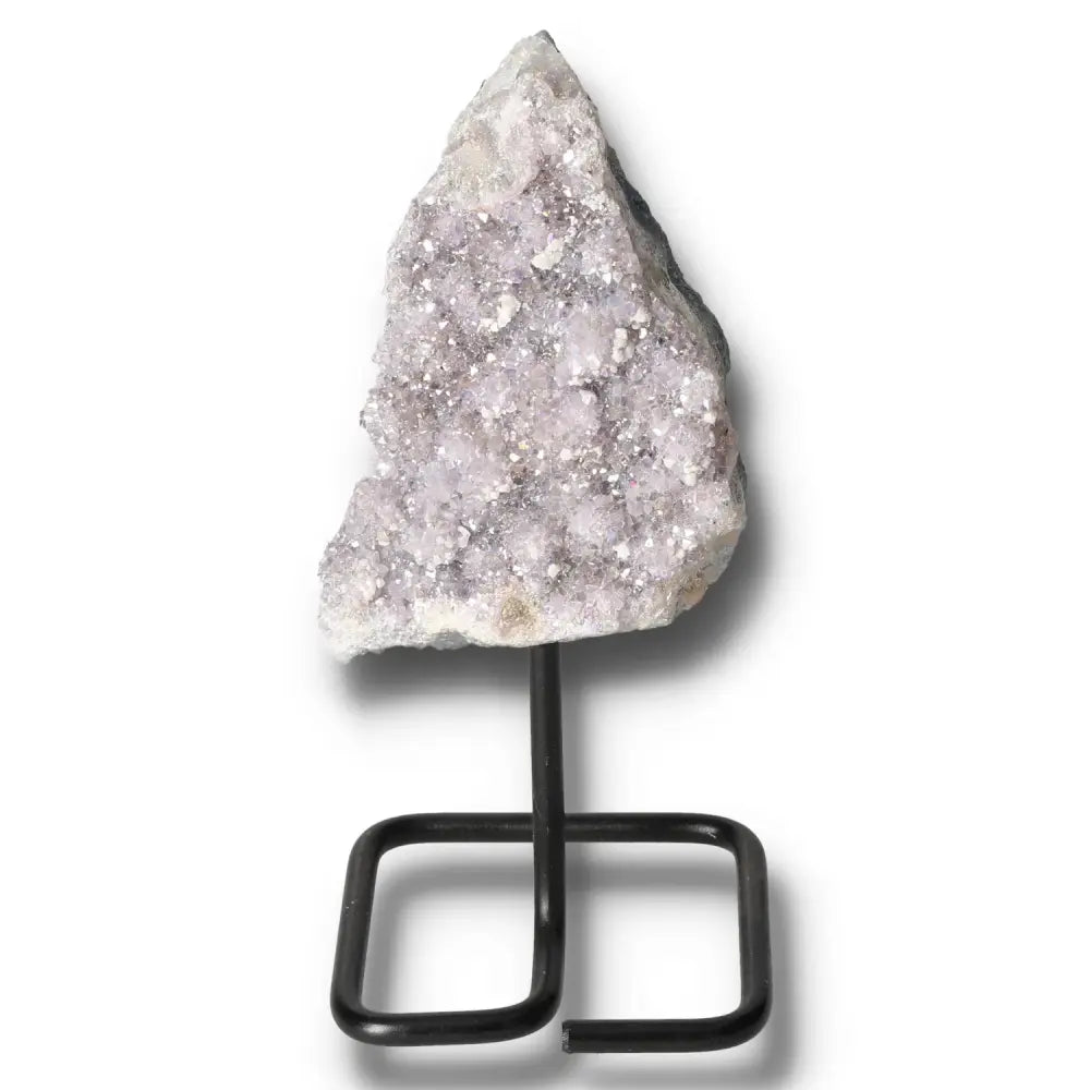 Angel Aura Amethyst on metal stand with iridescent glow for home décor or meditation, featuring celestial energy and tranquility.