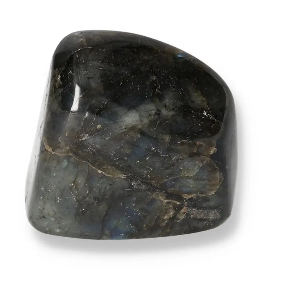 Polished Cut Labradorite Base by Sylvia Crystals showing iridescent colors and sleek design