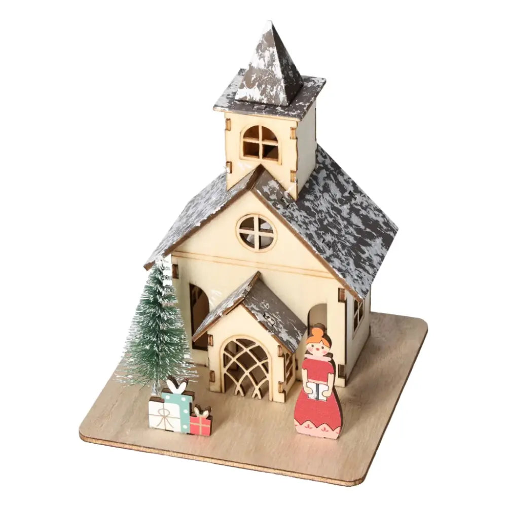 Table Deco House LED 2 by Sylvia Crystals - elegant wood house with LED, festive gifts, tree, and figure for luxury home decor.