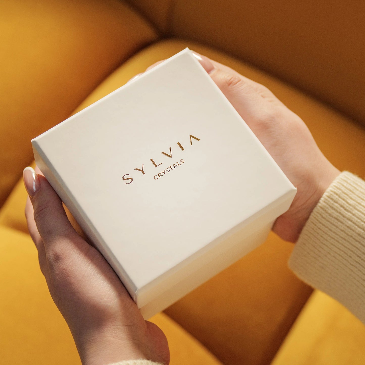 Hands holding a luxurious Sylvia Crystals gift box, perfect for Valentine's Day. Discover love and abundance with our exclusive gift set.