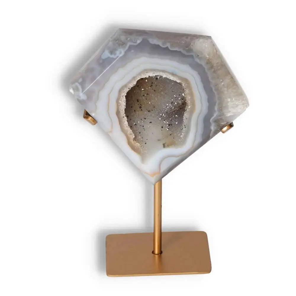 Elegant agate decoration with a stand, featuring unique natural patterns and polished textures, perfect for home or office decor.