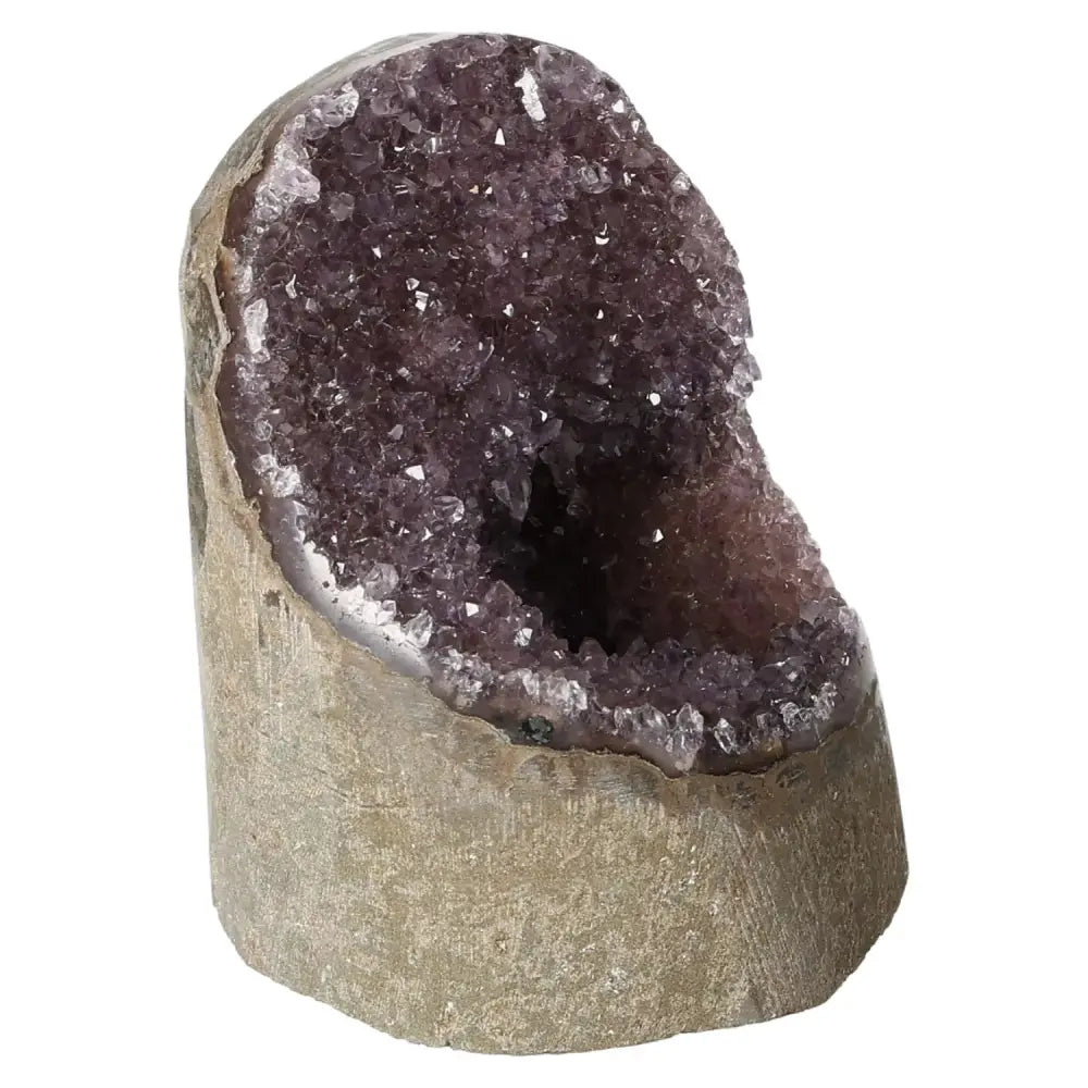 Amethyst Cut Base Geode from Sylvia Crystals showcasing its sparkling purple crystals and rustic stone base