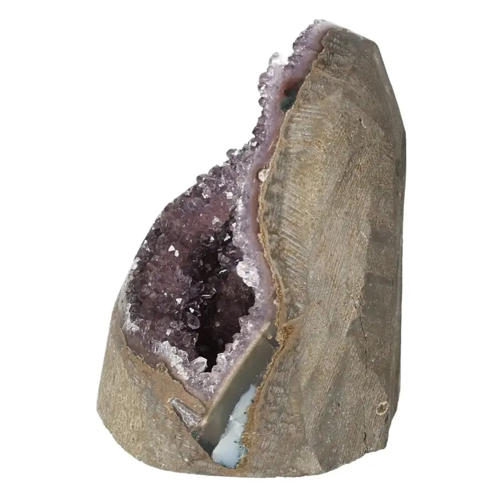 Amethyst Cut Base Geode from Sylvia Crystals, showcasing natural purple crystals, ideal for enhancing spiritual harmony and reducing stress.