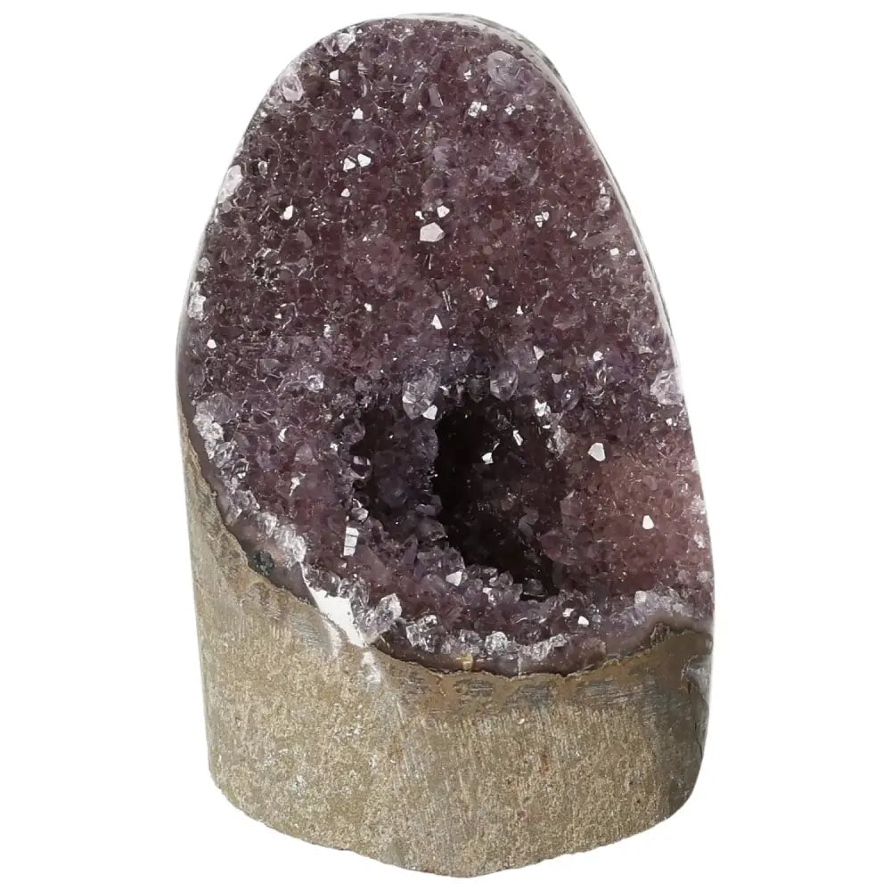 Amethyst Cut Base Geode from Sylvia Crystals, a handpicked gem known for stress relief and energy enhancement.