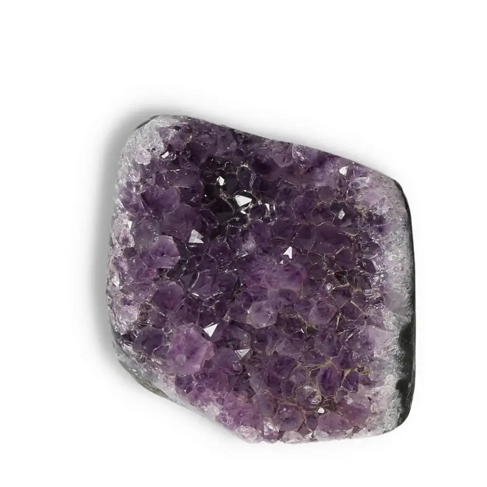 Amethyst Cut Base Geode from Sylvia Crystals, showcasing rich purple hues and sparkling facets for aesthetic and spiritual enhancement.
