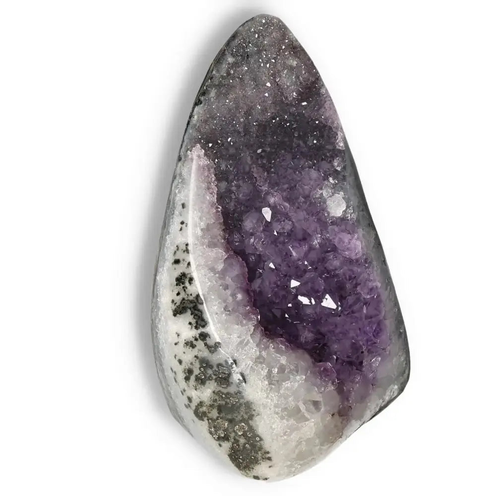 Amethyst Cut Base Geode from Sylvia Crystals, known for stress relief and energy enhancement, with luxurious and exceptional quality.