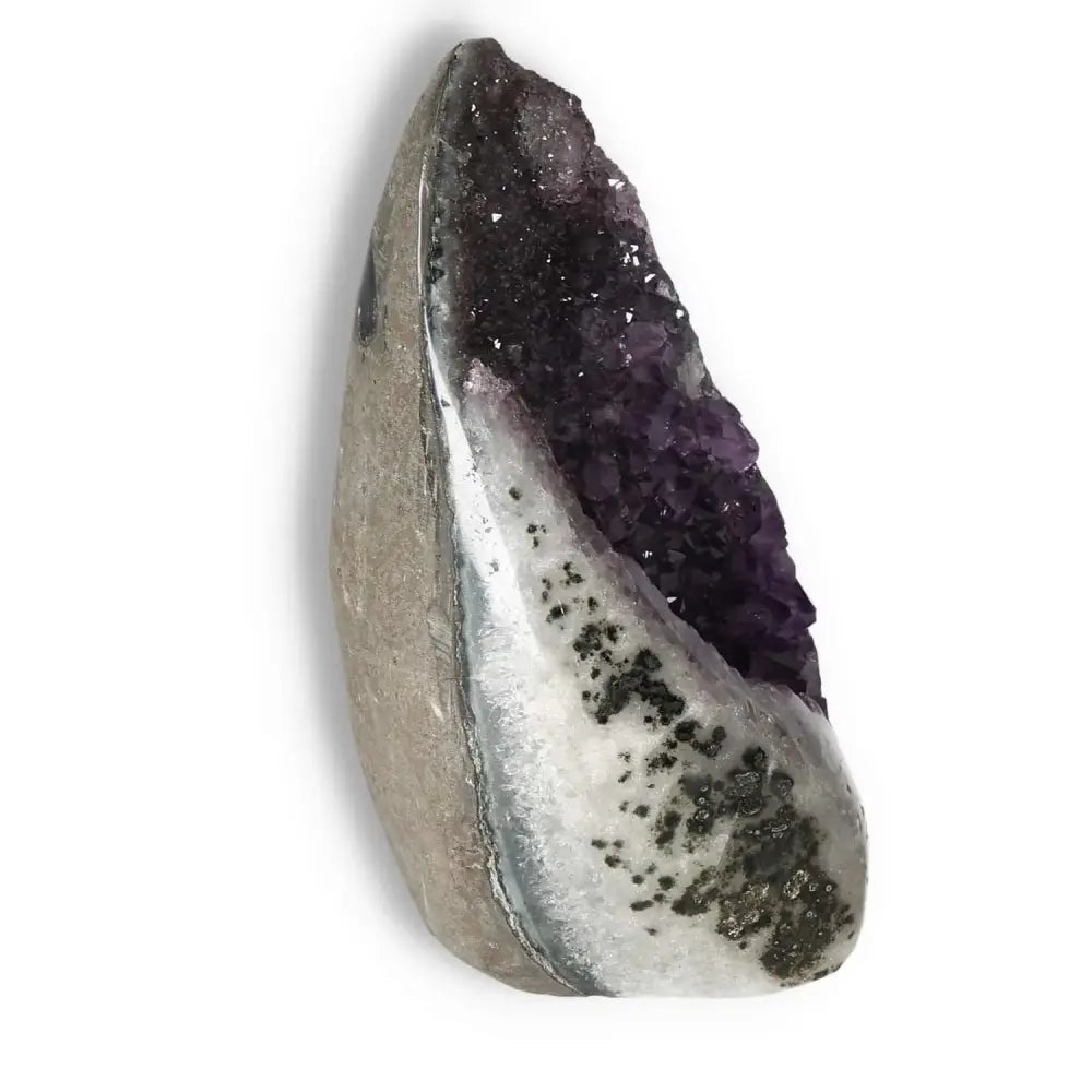 Amethyst cut base geode from Sylvia Crystals, perfect for enhancing energy and emotional stability in any tranquil space.