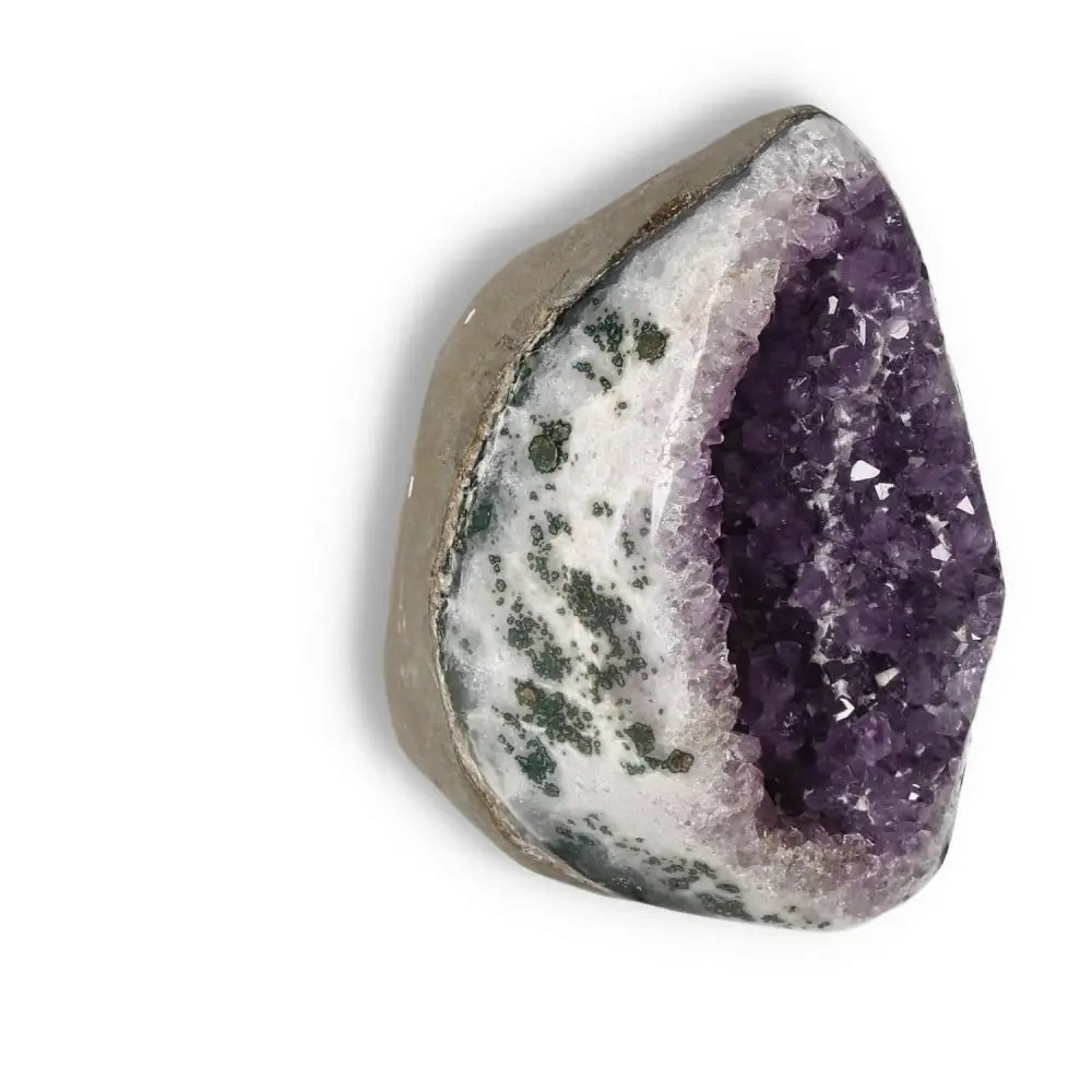 Amethyst Cut Base Geode from Sylvia Crystals, showcasing luxury aesthetics and natural elegance for stress relief and energy boost.