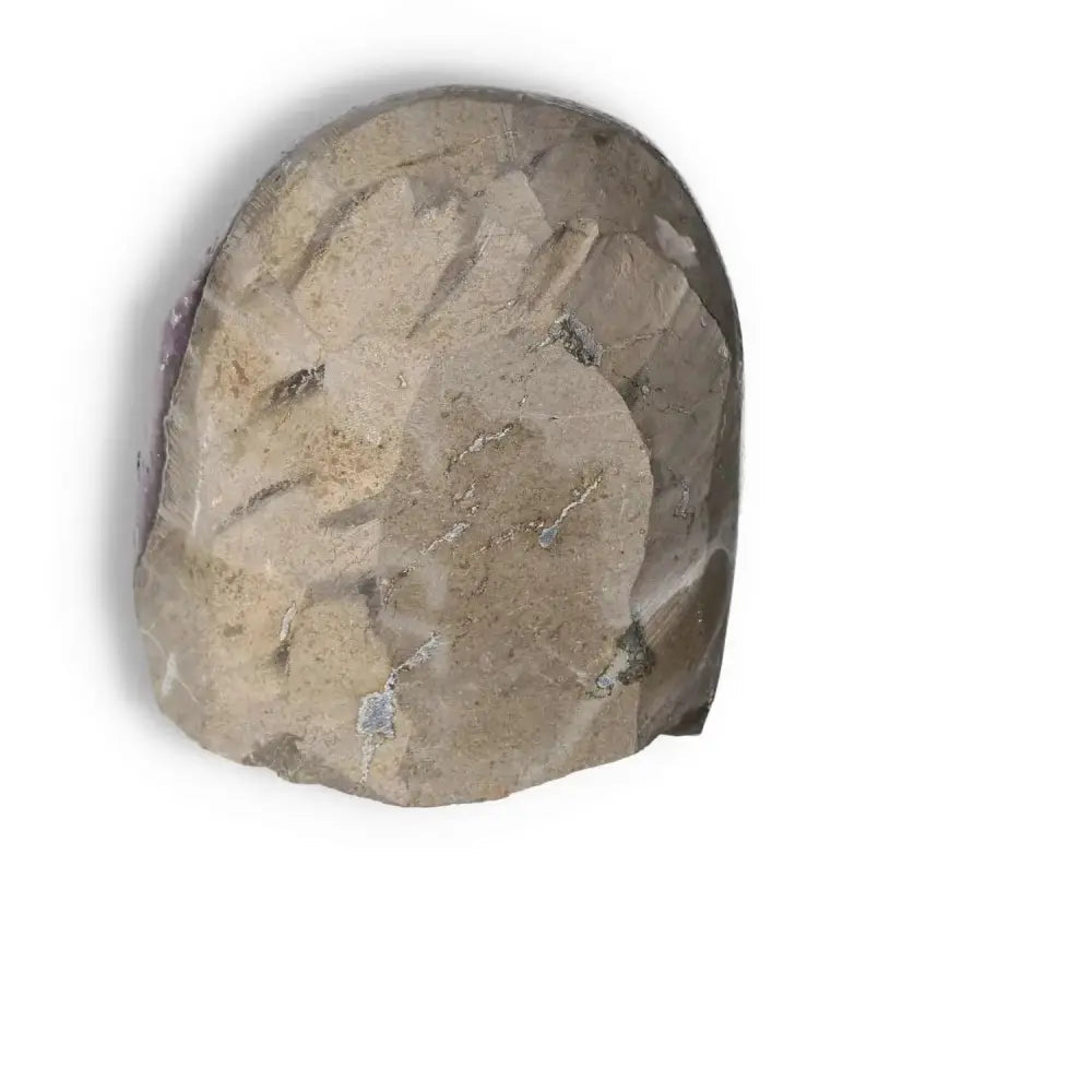Amethyst Cut Base Geode stone back view, showcasing natural rock texture, part of the Sylvia Crystals premium collection.
