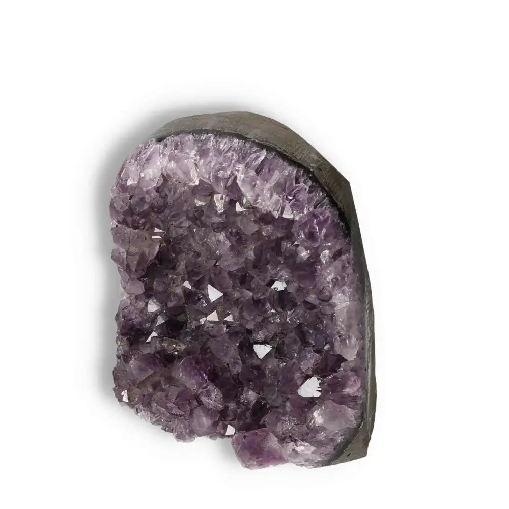 Amethyst Cut Base Geode by Sylvia Crystals, showcasing luxurious purple crystals, ideal for elegant and spiritual home décor.