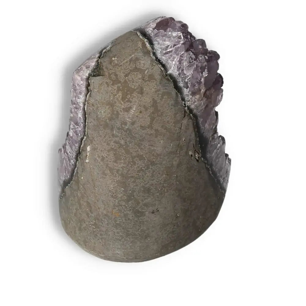 Amethyst Cut Base Geode showcasing its natural raw structure and elegant purple crystals from Sylvia Crystals.