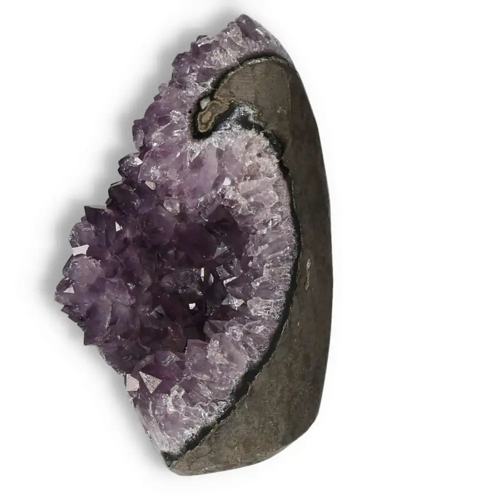 Amethyst Cut Base Geode showcasing purple crystal formations from Sylvia Crystals, enhances emotional stability and reduces stress.