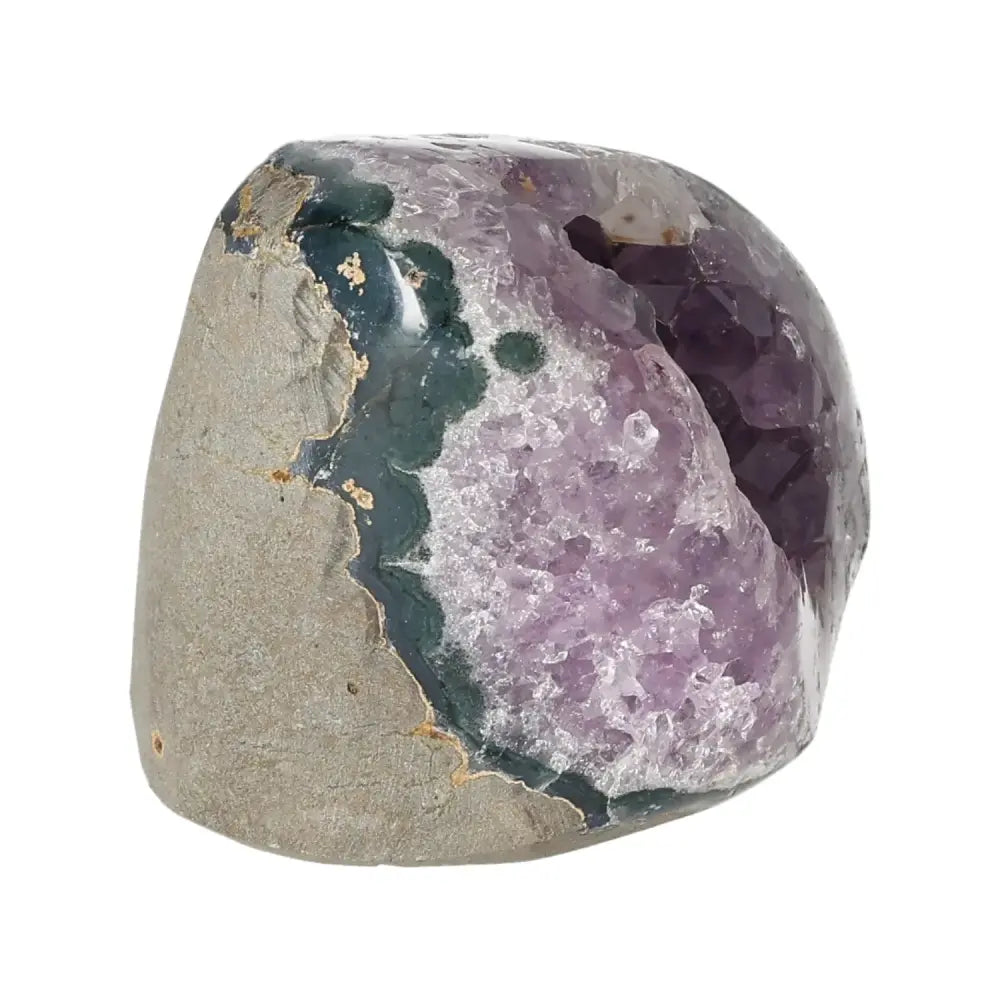 Amethyst cut base geode with deep purple crystals, offering luxury and spiritual harmony, by Sylvia Crystals.