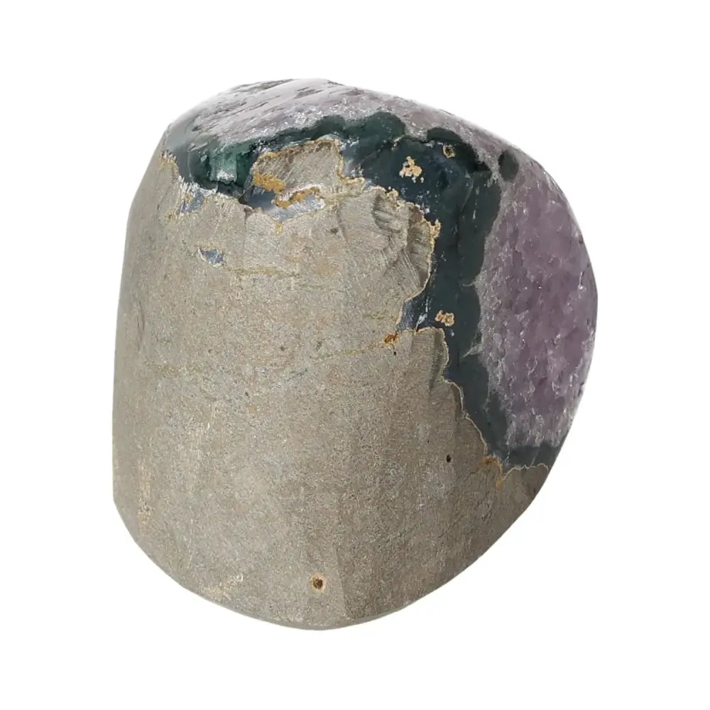 Amethyst cut base geode with deep purple crystals, sourced from Sylvia Crystals, showcasing luxury and spirituality in natural beauty.