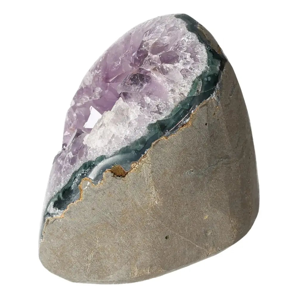 Amethyst cut base geode with deep purple hues and natural crystalline structure from Sylvia Crystals, embodying luxury and spirituality.