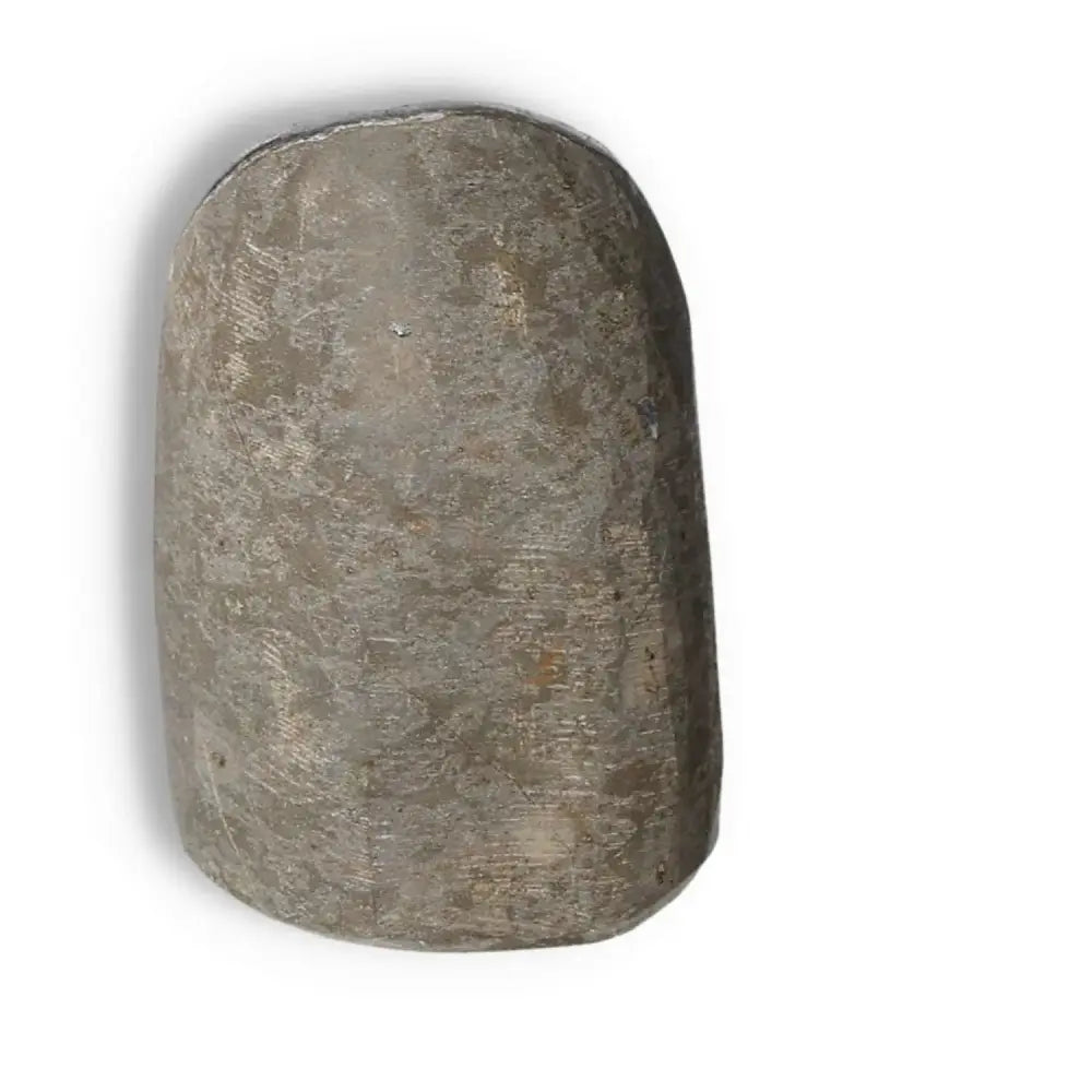 Smooth oval stone with intricate textures on a white background