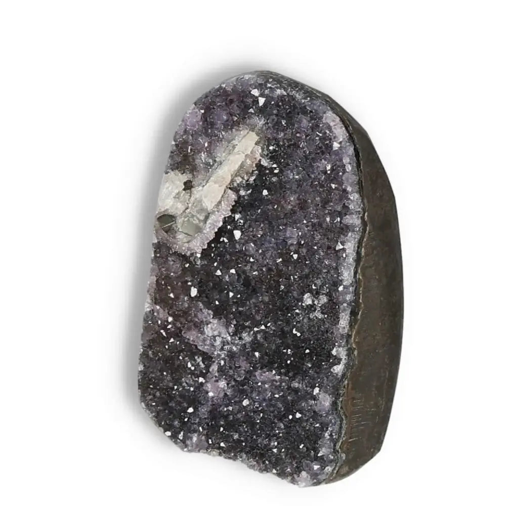 Elegantly crafted Amethyst cut base geode from Sylvia Crystals, known for its calming properties, featured against a white background.