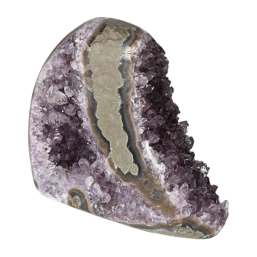 Amethyst cut base geode from Sylvia Crystals, showcasing purple crystal formations and polished edges for decoration and spiritual balance.