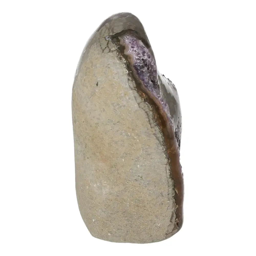Side view of Amethyst cut base geode showcasing natural purple and brown crystalline structure for tranquility and energy balance.