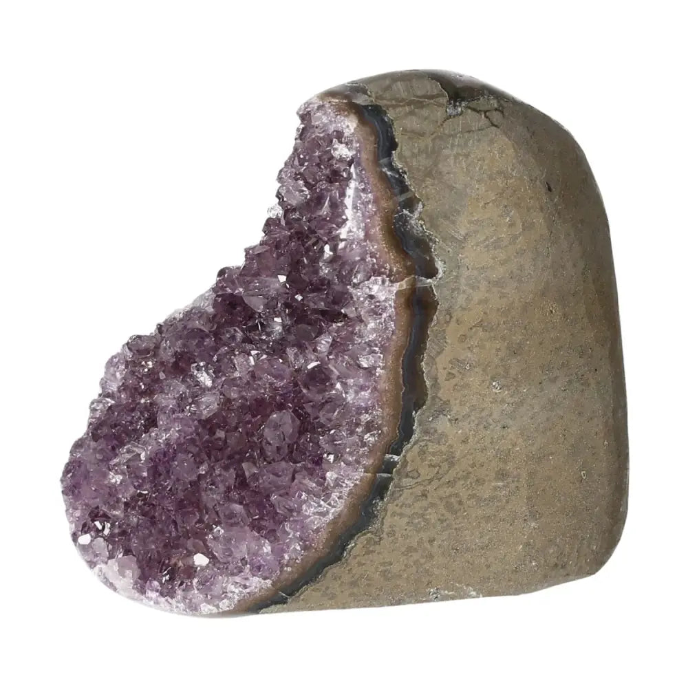 Amethyst cut base geode from Sylvia Crystals with sparkling purple hues, symbolizing tranquility and energy balance.