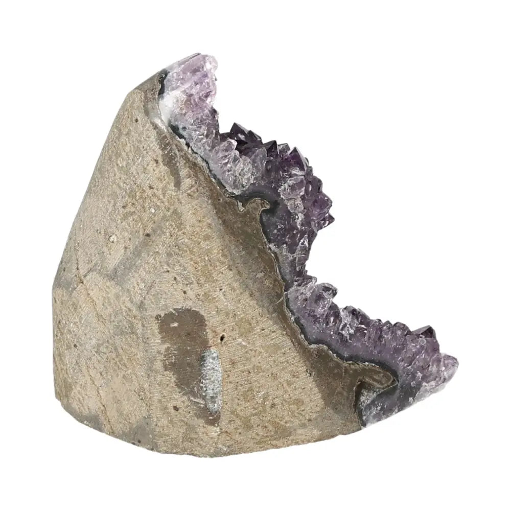 Amethyst cut base geode from Sylvia Crystals, showcasing vibrant purple crystals for luxury decoration and stress relief.