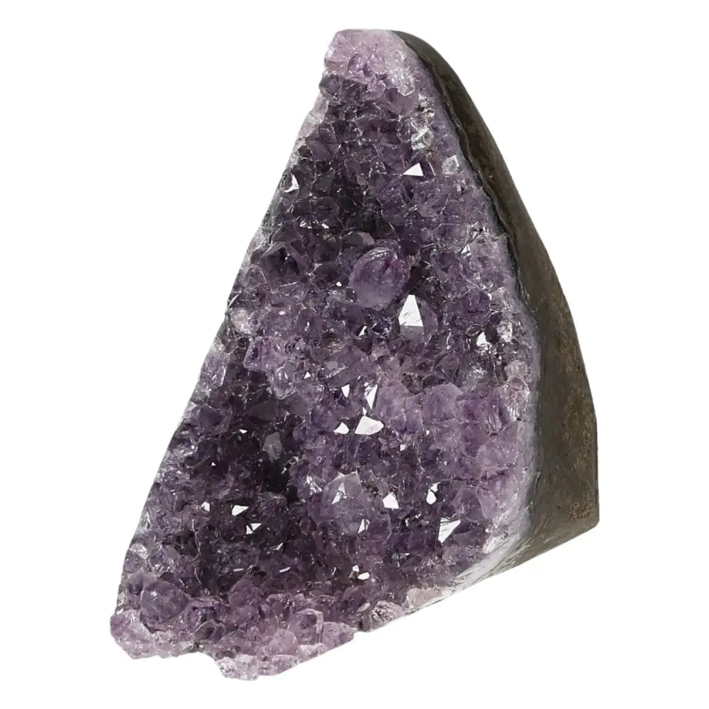 Amethyst cut base geode from Sylvia Crystals, renowned for luxury quality, showcasing brilliant purple crystals for stress relief and energy boost.