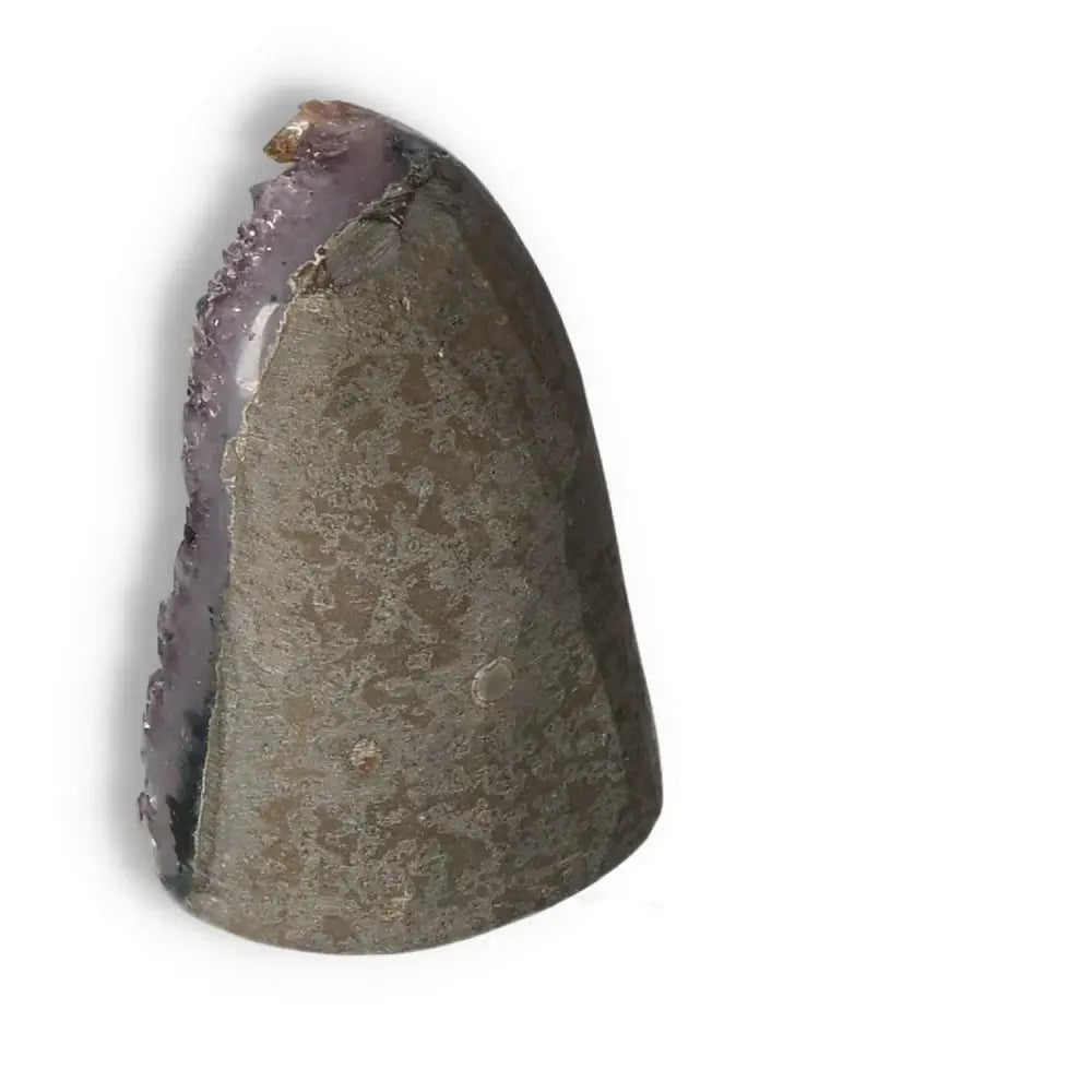 Amethyst cut base geode showcasing its unique structure and mesmerizing hues, a premium selection for spiritual enhancement by Sylvia Crystals.