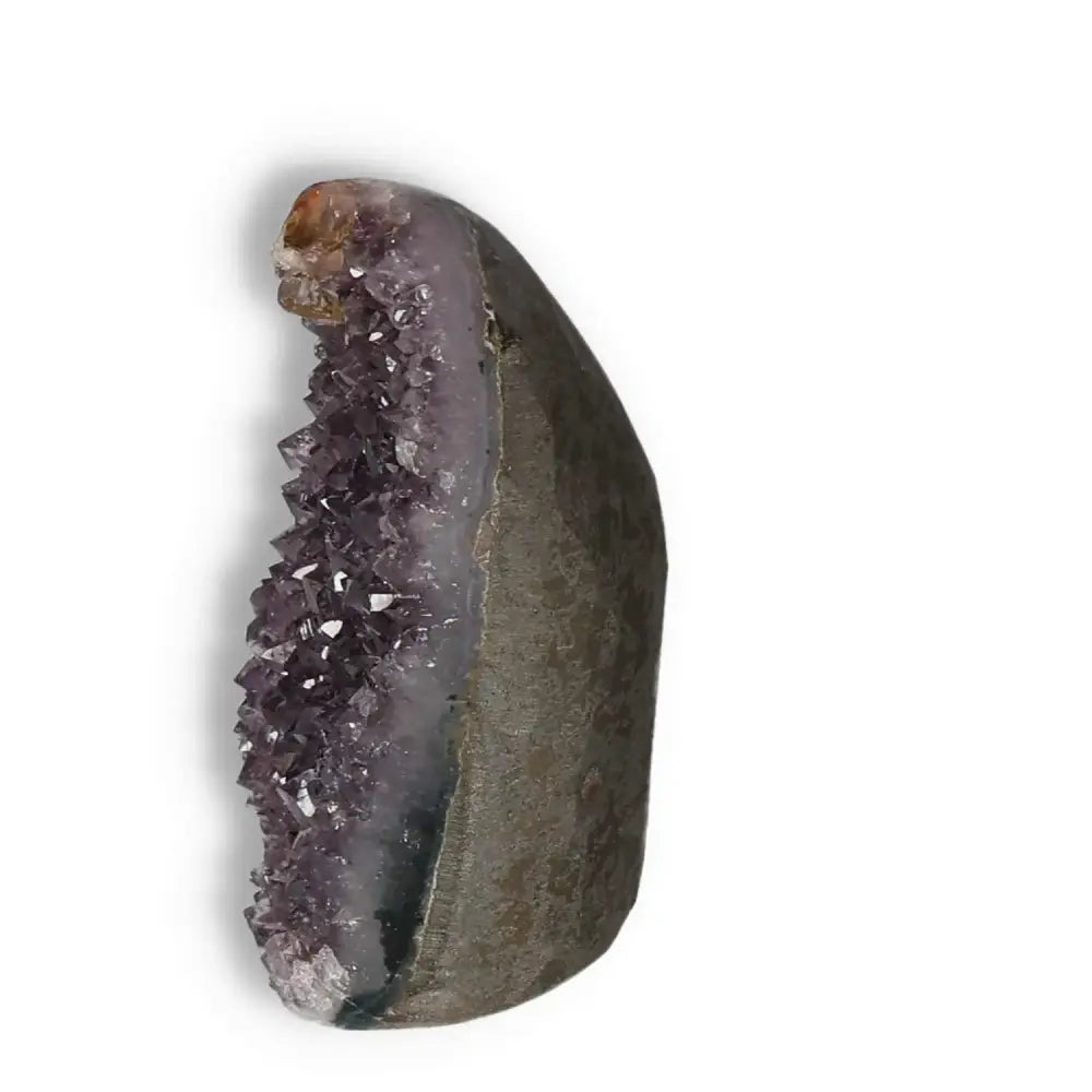 Amethyst cut base geode from Sylvia Crystals showcasing purple hues and natural formation for spiritual well-being.