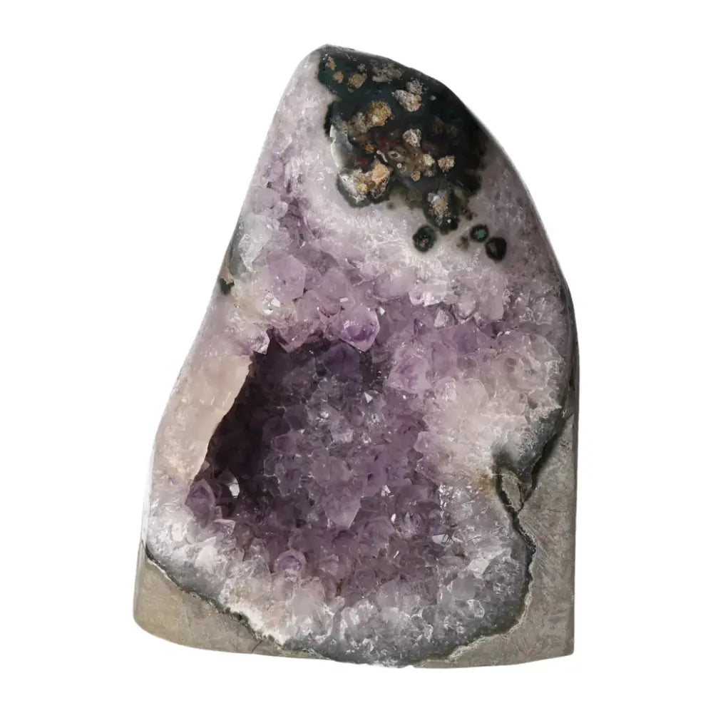 Amethyst cut base geode from Sylvia Crystals showcasing purple crystals and enhancing tranquility and mental clarity.