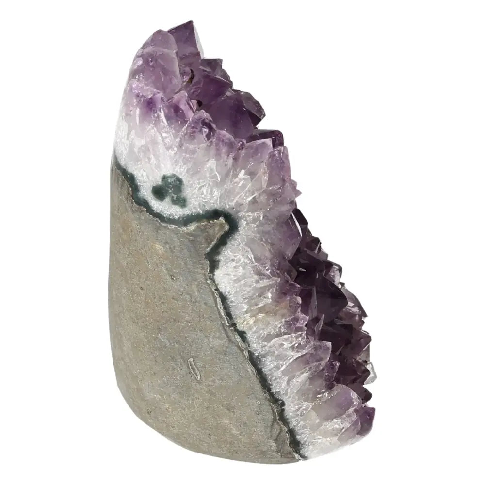 Amethyst cut base geode with vibrant purple crystals from Sylvia Crystals, enhancing emotional stability and spiritual harmony.