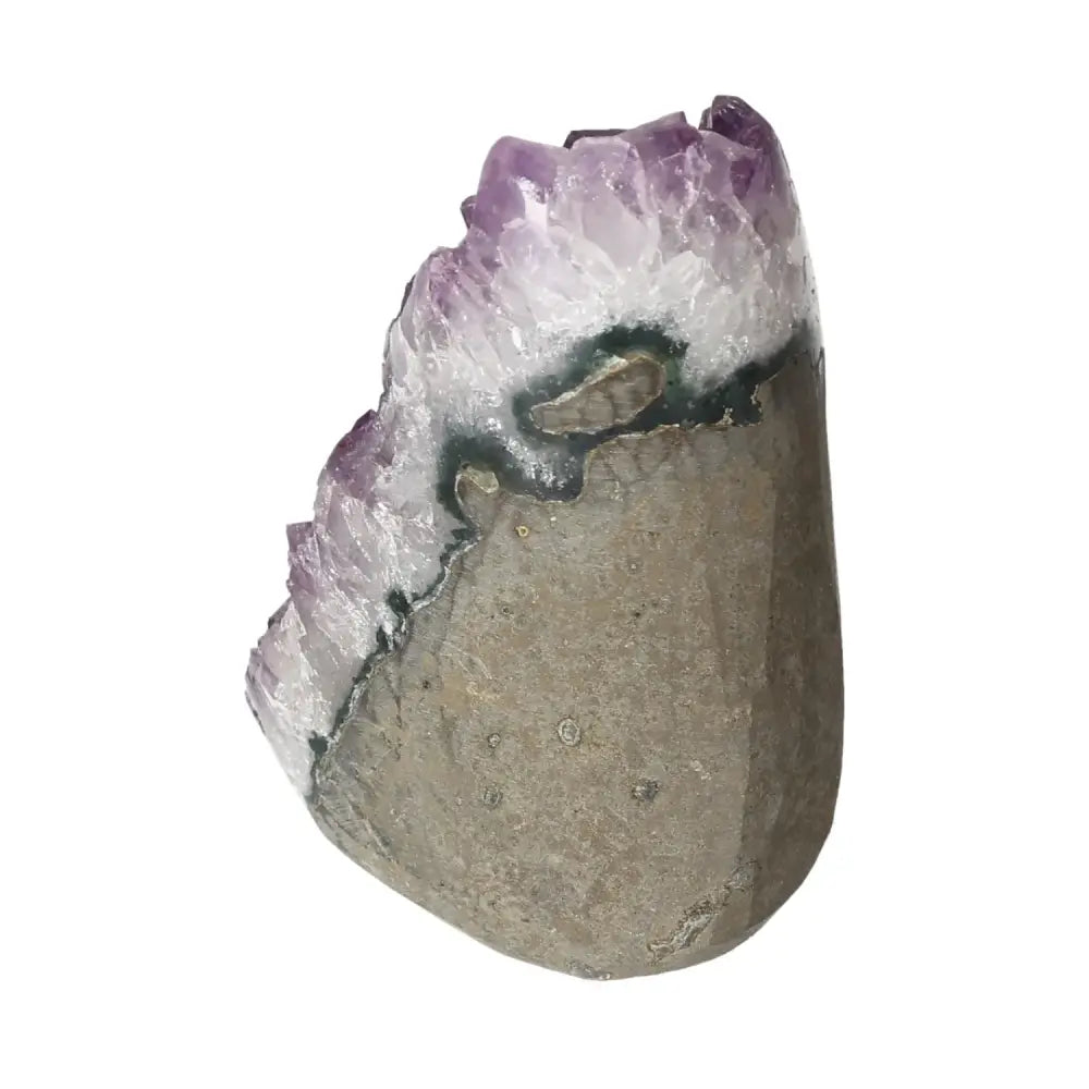Amethyst cut base geode from Sylvia Crystals, showcasing luxury and harmony with unique purple and white crystal formations.