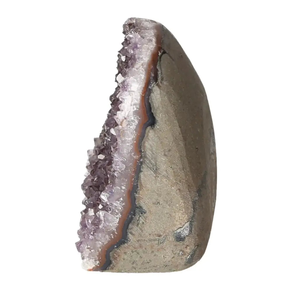 Side view of an amethyst cut base geode with deep purple crystals, showcasing natural beauty and elegance.