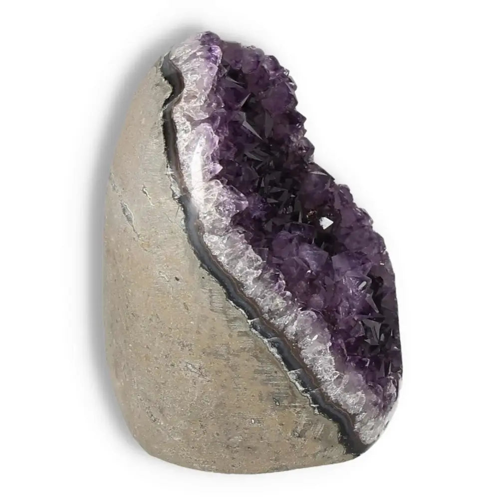 Amethyst cut base geode, premium crystal for stress relief and meditation, handpicked by Sylvia Crystals, decorative and spiritual gem.